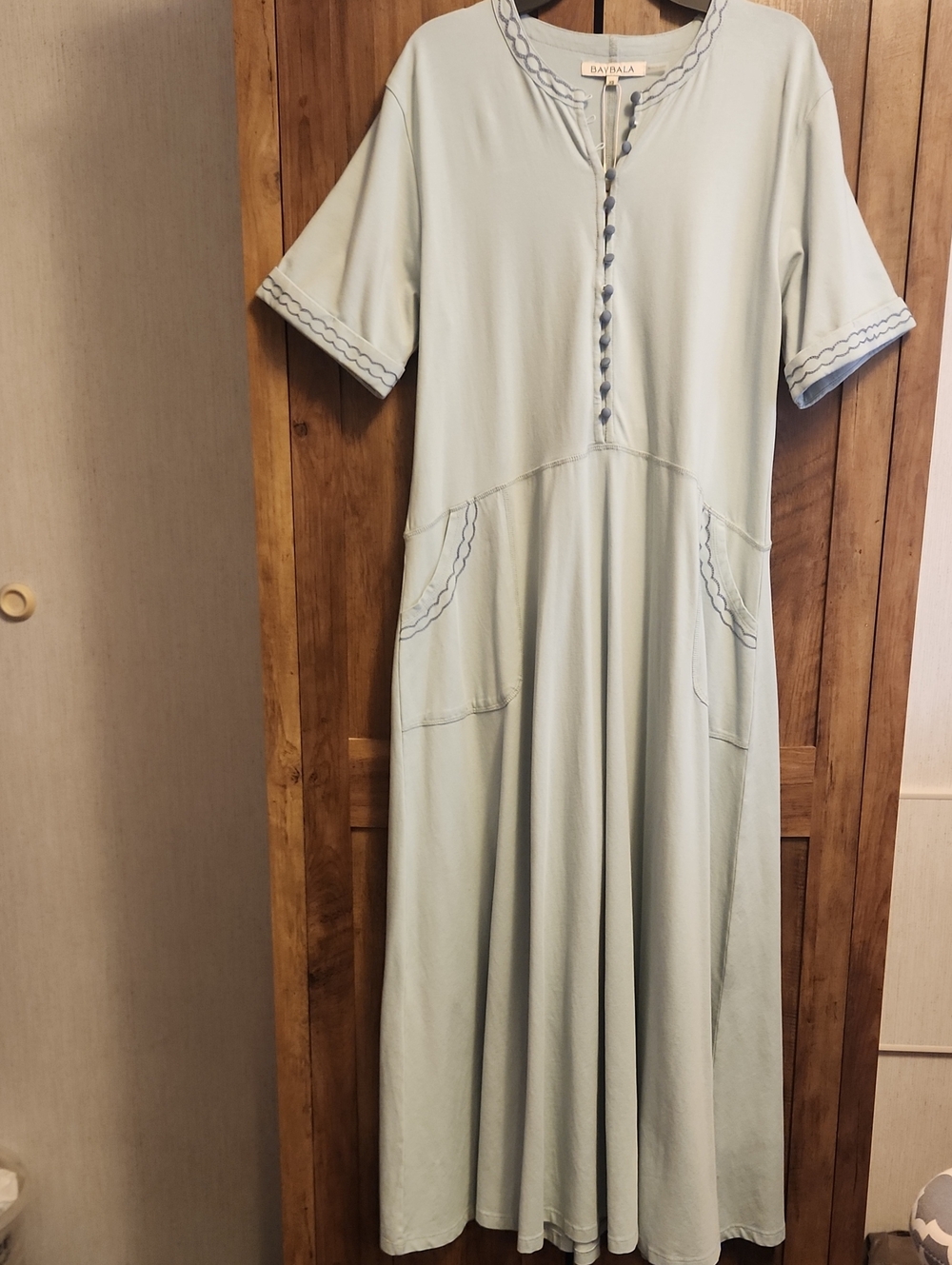 Baybala 90s Style Vintage-Inspired Mint Front-Button Embroidered Trim Dress